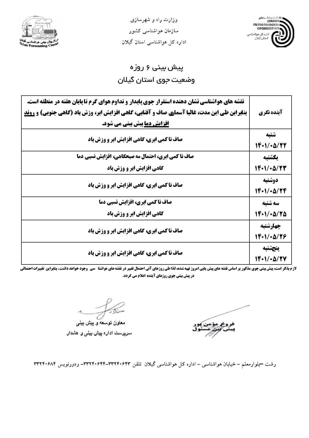 پیش بینی فصلی و  6 روزه هوای استان گیلان (22 تا 27 مرداد 1401)